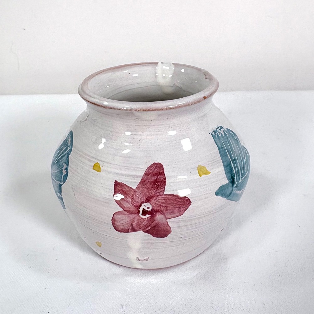 Vietri Vase White Pink Blue Floral Hand Painted Italian Ceramic Signed Pottery
